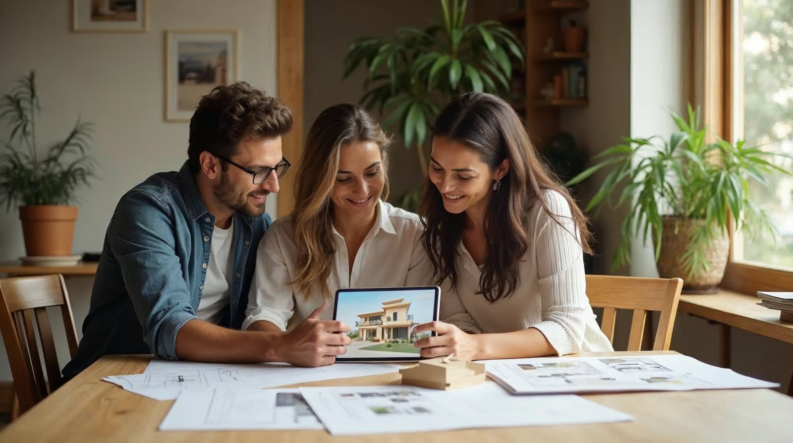 Arquiteto da SHAA e um casal de clientes vendo o projeto da casa no estúdio, sobre a mesa com plantas impressas