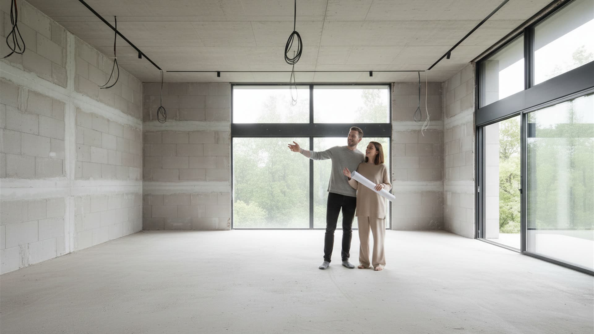 O mesmo living como entregue pela construtora: contrapiso cru, blocos sem pintura, fiação aparente