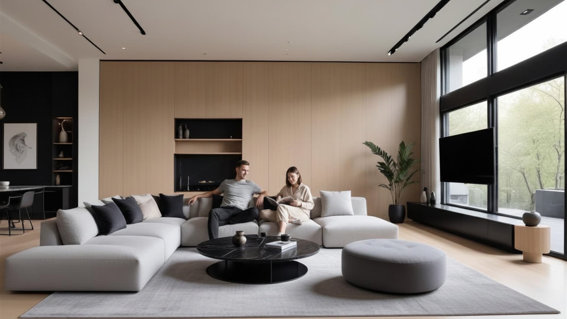 Living entregue pela SHAA: painel de madeira, sofá e a família em casa