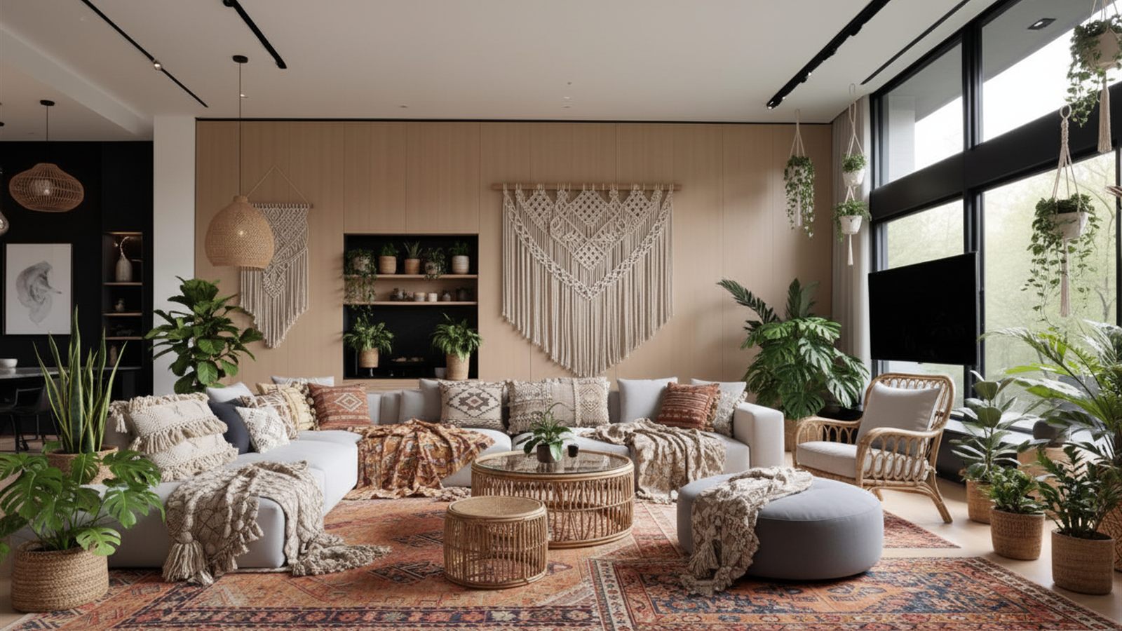 A mesma sala em estilo boho botânico