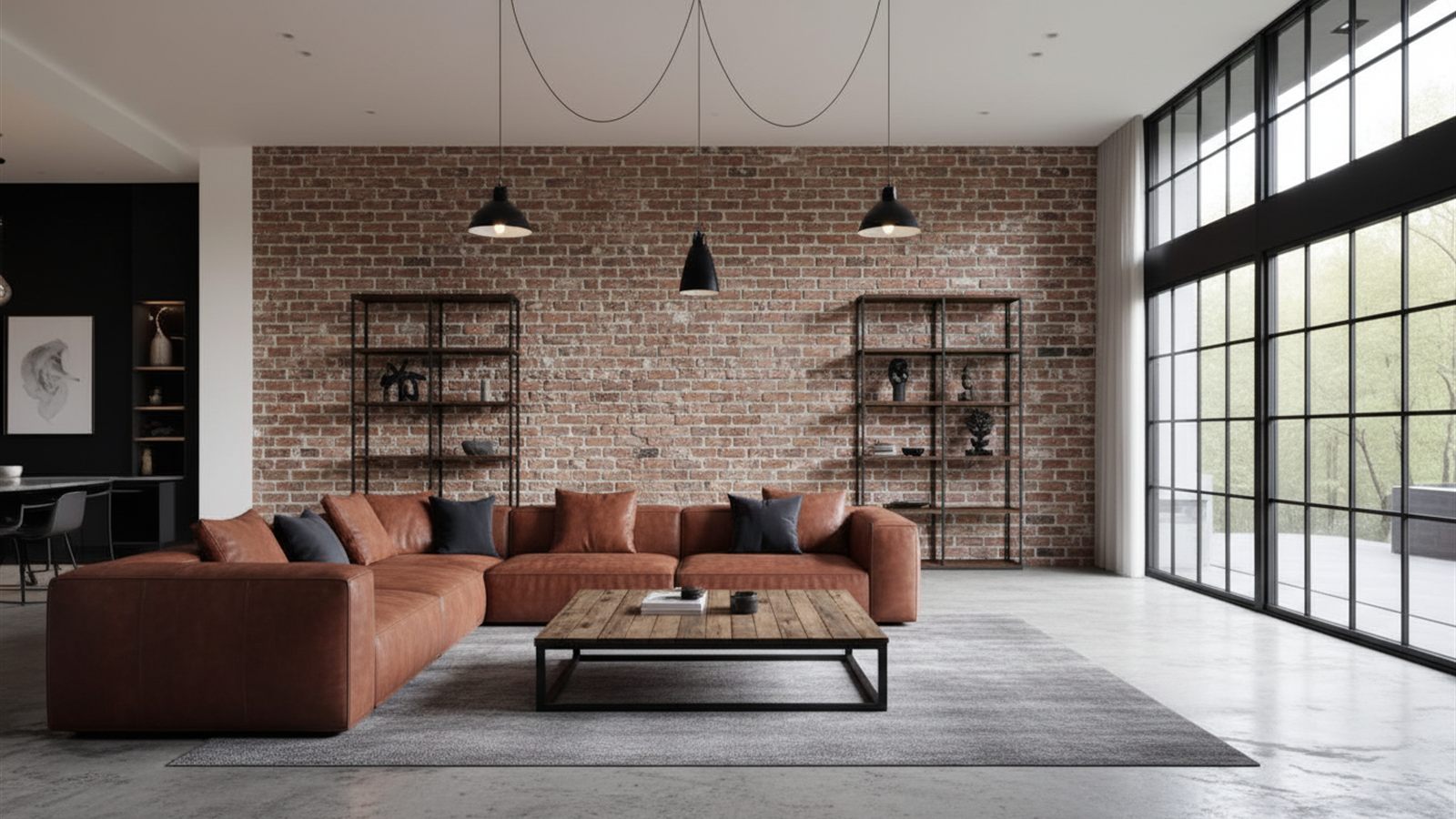 A mesma sala em estilo industrial com tijolo aparente