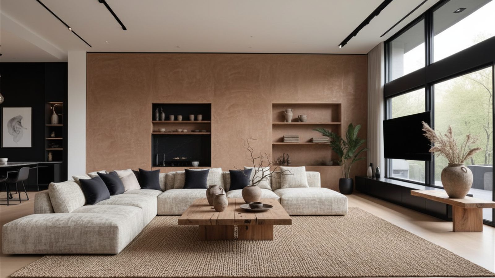 A mesma sala em estilo wabi-sabi orgânico