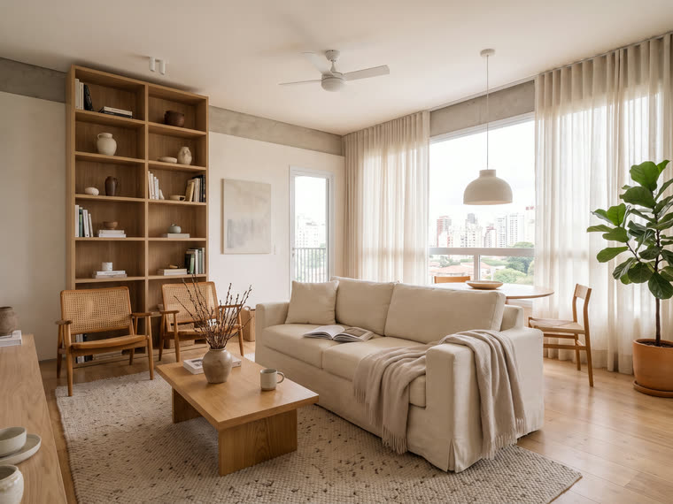 Sala entregue, com piso de carvalho e luz da tarde